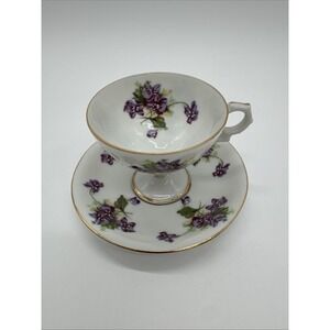 Vintage Lefton China hand painted tea cup and saucer set Footed Purple